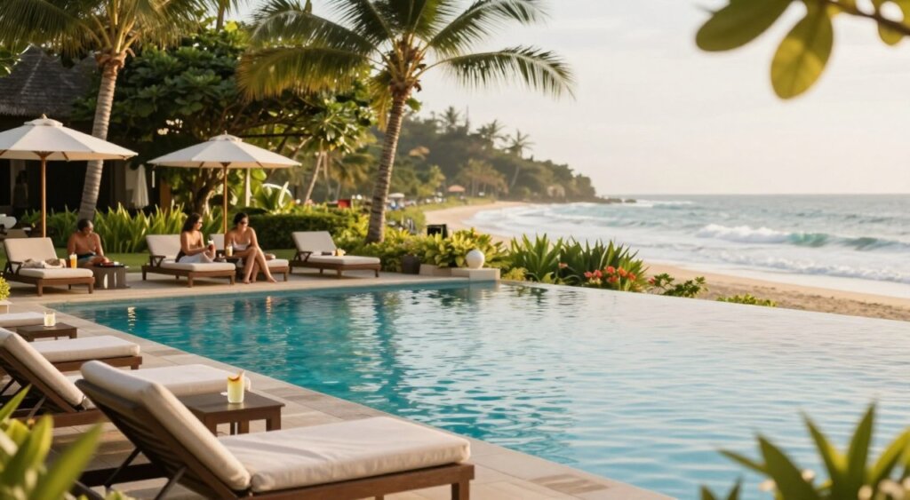 A tranquil poolside scene at Hotel Amnaya Resort Kuta, showcasing the best relaxation facilities. In the foreground, a luxurious, inviting infinity pool glistens under the warm sunlight, with lounge chairs arranged neatly around it. A serene, lush garden surrounds the pool, featuring palm trees and tropical flowers enhancing the peaceful atmosphere. In the middle ground, guests in modest casual clothing enjoy the relaxation areas, sipping on refreshing beverages. The background reveals a stunning view of Kuta’s coastline, with gentle waves lapping against the shore. Soft, natural lighting creates a warm, inviting mood, and the overall composition reflects a luxurious wellness retreat. Capture this scene with a shallow depth of field to emphasize the peaceful pool, while the background remains slightly blurred, creating a dreamy effect reminiscent of high-quality travel photography.