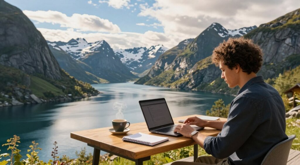 A tranquil workspace overlooking a fjord in Norway, featuring a sturdy wooden desk adorned with a laptop, notebooks, and a steaming cup of coffee. In the foreground, a person of diverse descent is seated, dressed in smart casual attire, focused intently on their work. The middle ground showcases lush green hills and rugged cliffs, while a serene, crystal-clear waterway reflects the soft sunlight. In the background, majestic snow-capped mountains rise under a bright blue sky with fluffy white clouds scattered above. The scene captures a sense of peace and inspiration, illuminated by warm, golden hour light, evoking an atmosphere perfect for productivity and creativity amidst nature's beauty.