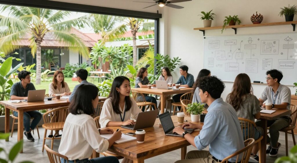 A vibrant Bali Seminyak coworking space bustling with productivity during the day. Foreground: a diverse group of professionals, including a young woman in a smart blouse and a man in casual business attire, engaged in conversation at a rustic wooden table adorned with laptops, notebooks, and coffee cups. Middle ground: modern desks with potted plants, whiteboards filled with ideas, and stylish decor reflective of Bali's unique culture. Background: large windows revealing a lush garden view with palm trees swaying gently in the breeze, allowing soft, natural light to illuminate the space. The mood should be inviting and collaborative, capturing the essence of a creative community in an affordable and accessible coworking environment. Use a wide-angle lens to enhance the open, airy feel of the setting.