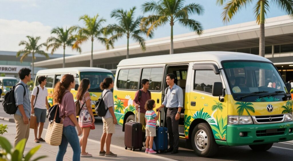 A vibrant Bali airport scene showcasing diverse transfer options for travelers arriving at Ngurah Rai International Airport. In the foreground, a shared shuttle bus with a bright tropical design is parked, ready for passengers. A friendly driver stands outside in professional attire, assisting a family with luggage. In the middle, travelers are seen waiting for their transport, carrying beach bags and wearing casual but modest clothes, enjoying the warm, inviting atmosphere. The background depicts lush palm trees and the airport terminal, bathed in soft natural sunlight that highlights the clear blue sky. Use a shallow depth of field to focus on the shuttle, conveying a sense of efficiency and comfort in transportation. The overall mood is welcoming and serene, inviting visitors to explore the beauty of Bali.