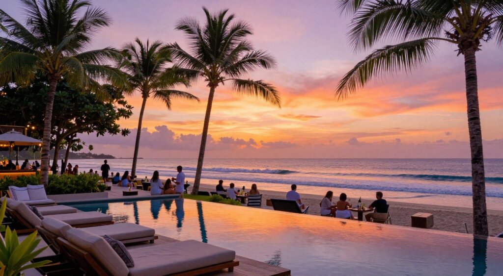 A vibrant Bali beach club during sunset, capturing a panoramic ocean view with rich hues of orange, pink, and purple blending in the sky. In the foreground, stylish lounge chairs with elegant cushions and low tables are arranged around a gleaming pool reflecting the sunset colors. Tropical palm trees sway gently, framing the scene with lush greenery. The middle ground includes a lively beach club atmosphere with guests enjoying refreshments, dressed in light, modest clothing, creating an inviting ambiance. The background features the tranquil ocean with gentle waves lapping at the shore. The shot is taken at a slight angle with a wide lens, emphasizing depth, clarity, and the stunning natural beauty. The overall mood is relaxed and festive, capturing the essence of a perfect Bali sunset experience.