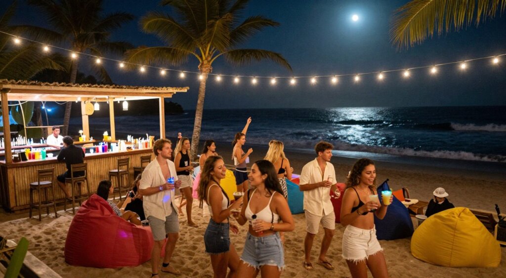 A vibrant Bali beach club nightlife scene, featuring an outdoor party illuminated by twinkling fairy lights strung overhead. In the foreground, diverse groups of young adults in modest casual clothing are enjoying drinks and dancing, their faces reflecting joy and excitement. The middle ground showcases a stylish open-air bar with colorful cocktails and bartenders skillfully mixing drinks. Large bean bags and lounge chairs are scattered around, inviting guests to relax. In the background, the ocean sparkles under a moonlit sky, with gentle waves lapping at the shore, and palm trees swaying softly in the warm breeze. Capture this scene with a wide-angle lens, low lighting to enhance the ambience, and a focus on the lively atmosphere, reminiscent of a tropical paradise.