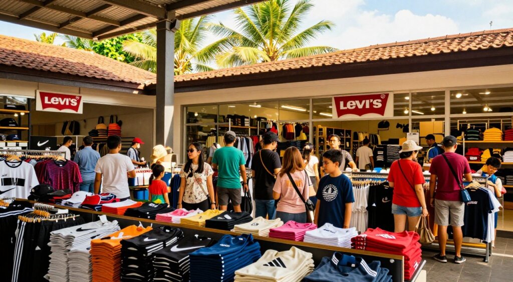 A vibrant Bali factory outlet scene showcasing popular global brands. In the foreground, neatly arranged retail displays feature products from well-known labels like Nike, Adidas, and Levi’s, with inviting entrance signs. The middle layer highlights diverse shoppers, including families and couples, casually browsing the outlets, dressed in stylish yet modest summer attire. In the background, a lush tropical landscape peeks through the glass storefronts, with palm trees swaying gently in the breeze under bright, sunny skies. The lighting is warm and natural, enhancing the colors of the merchandise and the lively atmosphere. Capture this dynamic moment with a slight low-angle perspective to emphasize the bustling shopping scene and the enticing allure of Bali's retail offerings.