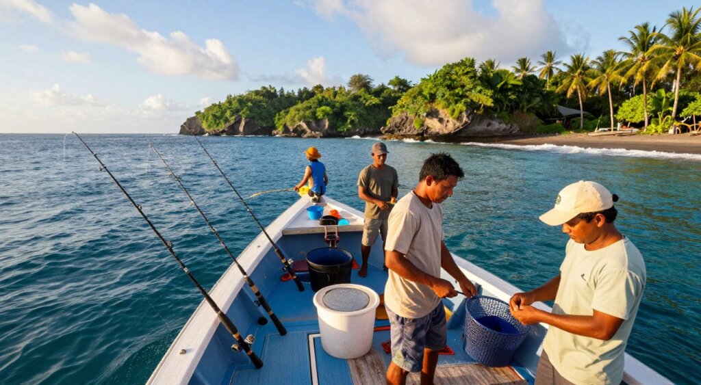 A vibrant Bali fishing charter scene, showcasing a professional crew of diverse individuals in modest, casual clothing, preparing fishing gear on a sturdy boat. In the foreground, the boat's deck is equipped with fishing rods and tackle, glistening under the warm, golden sunlight. The middle ground features a calm, turquoise sea with gentle waves, while lush green cliffs and palm trees frame the coast in the background. The sky is partly cloudy, creating a serene atmosphere perfect for fishing adventures. Capture this scene with a wide-angle lens to emphasize the expansive ocean and the boat's action, evoking excitement and anticipation for a memorable fishing experience in Bali.