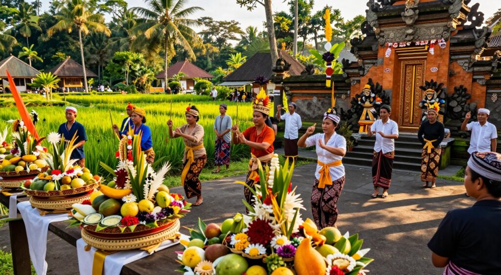 A vibrant Balinese Kuningan Ancestral Spirits Ceremony set in a lush, tropical village landscape. In the foreground, traditional Balinese offerings of fruits and flowers are carefully arranged on ornate woven trays, with close-up details of intricate decorations. In the middle ground, local Balinese people dressed in modest, colorful ceremonial attire, including kebaya and batik, perform ritual dances with expressions of reverence and joy. The background features a scenic view of verdant rice paddies and a historic Hindu temple, adorned with ceremonial decorations. Golden sunlight filters through the trees, casting warm, inviting shadows and enhancing the serene and spiritual atmosphere. The composition captures a sense of community, cultural richness, and the timeless tradition of honoring ancestral spirits.