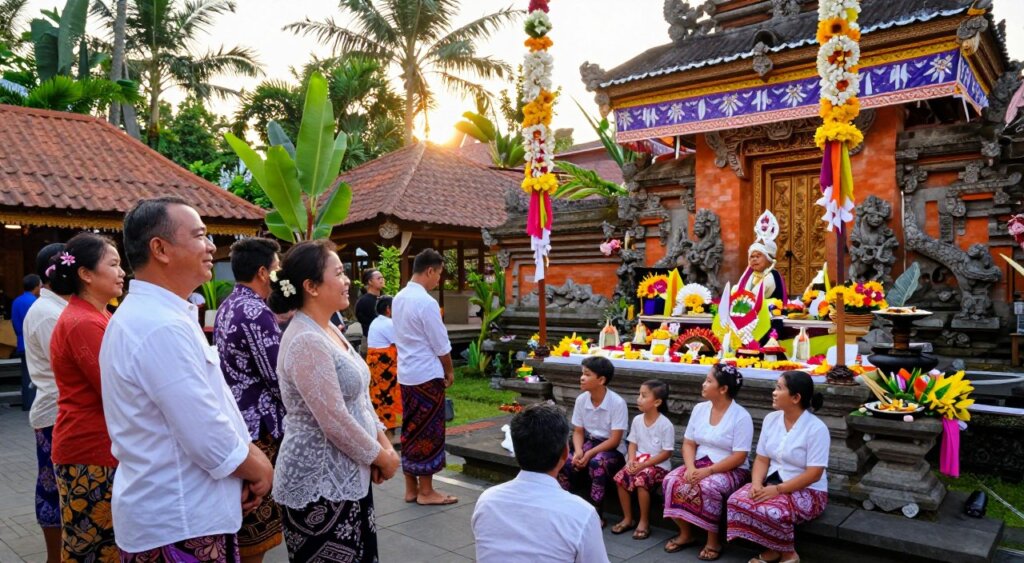 A vibrant Balinese ceremony in a temple setting, showcasing a diverse group of respectful observers adorned in modest, colorful traditional attire. In the foreground, a middle-aged couple, with warm smiles, admire the procession, while a young family sits gracefully on the steps, their children wide-eyed with wonder. The middle ground features a series of offerings laid out beautifully on stone altars, surrounded by intricately carved temple structures adorned with colorful banners and flowers. The background reveals lush tropical greenery under a soft sunrise, casting gentle golden hues that create a serene atmosphere. The scene captures the energy of celebration and respect, with natural lighting enhancing the vivid colors. The image should convey a sense of cultural appreciation and respectful engagement.