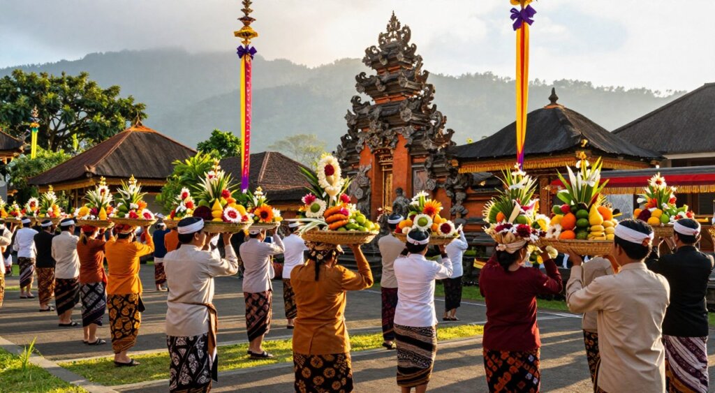 A vibrant Balinese cultural festival scene capturing the essence of the Kuningan Ancestral Spirits Ceremony. In the foreground, devout participants in modest traditional Balinese attire, such as sarongs and kebayas, are seen offering vibrant fruit and flower offerings on woven bamboo trays. The middle ground features elaborately decorated temples adorned with intricate Balinese carvings and colorful banners fluttering in the gentle breeze. In the background, lush greenery and distant mountains provide a serene backdrop, illuminated by the soft, golden light of the early morning sun, casting long shadows and enhancing the festive colors. The atmosphere is joyful and reverent, embodying a deep connection to spiritual traditions, inviting viewers into the heart of this sacred celebration.