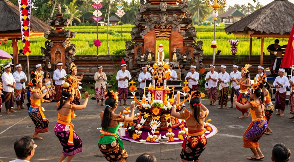 A vibrant Balinese festival scene showcasing spiritual rhythms, with traditional dancers in colorful attire performing gracefully in the foreground. They are surrounded by enchanting offerings and ornate decorations, symbolizing deep cultural roots. In the middle, a group of people engaged in rituals, demonstrating the communal spirit of the celebration, with intricate temple architecture in the background bathed in warm, golden sunlight. Lush green rice paddies in the distance reflect the natural beauty of Bali. Use a wide-angle lens to capture the dynamic energy of the festival, enhancing the joyous atmosphere while ensuring clarity in details. The lighting should create a warm and inviting mood, emphasizing the harmony of tradition and spirituality in Balinese culture, echoing the essence of Hindu celebrations.