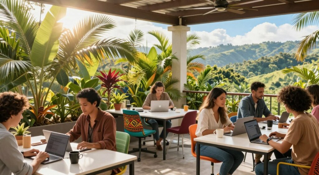 A vibrant Costa Rican co-working space designed for remote workers, featuring a stylish outdoor patio with lush tropical plants and bright morning sun filtering through palm fronds. In the foreground, a diverse group of professionals in modest casual attire are engaged in collaborative work, with laptops open and coffee mugs in hand. The middle ground showcases modern, minimalist desks and ergonomic chairs, paired with colorful decor inspired by local culture. In the background, glimpses of the beautiful Costa Rican landscape can be seen, including rolling green hills and a clear blue sky. The mood is energetic and inviting, encouraging productivity and a sense of community. The image is captured with a soft-focus lens to emphasize warmth and professionalism, evoking the feeling of living and working like a local in paradise.