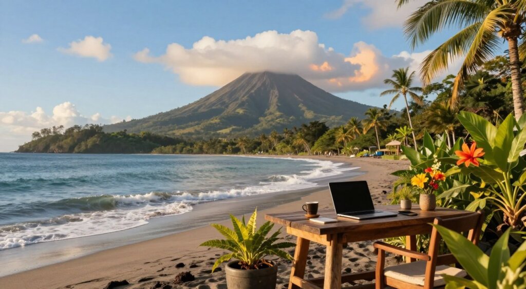A vibrant Costa Rican landscape suitable for remote work, featuring a serene beach with gentle waves lapping at the shore in the foreground. In the middle ground, a cozy workspace with a laptop set on a rustic wooden table, surrounded by lush tropical plants and colorful flowers, evoking tranquility. The background showcases a majestic volcanic mountain under a clear blue sky, with soft, rolling clouds illuminated by warm, golden sunlight. The mood is calm and inspiring, perfect for digital nomads. Capture this scene with a wide-angle lens, emphasizing both the natural beauty and the inviting workspace, ensuring a professional photojournalism style, rich in detail and color, with high dynamic range and sharp focus.