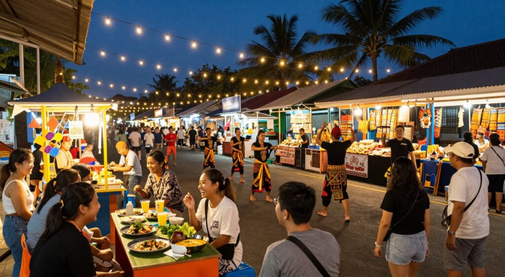 A vibrant Kuta evening scene featuring budget-friendly entertainment. In the foreground, a small group of diverse travelers, dressed in modest casual clothing, laugh and enjoy local street food from colorful stalls. In the middle, lively street performers engage the crowd, showcasing traditional Balinese dance and music, with twinkling fairy lights strung overhead. The background presents a bustling marketplace with stalls selling handmade crafts, illuminated by warm golden light, and the silhouette of palm trees against a deepening blue sky. The atmosphere is joyful and inviting, capturing the essence of budget-friendly evening entertainment. The composition is framed with a slightly elevated angle to provide a comprehensive view of the festive scene, evoking a sense of community and cultural richness.
