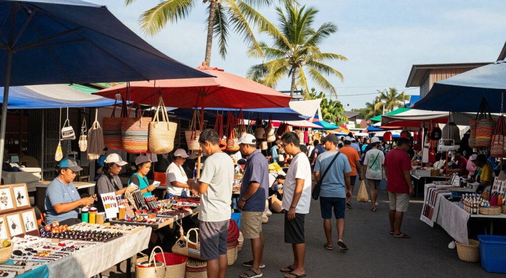 A vibrant Kuta shopping market scene filled with frugal stalls, showcasing colorful local handicrafts, woven baskets, and handmade jewelry. In the foreground, friendly vendors greet visitors, dressed in modest casual clothing, while engaged with shoppers. The middle ground highlights various market stalls under canopies adorned with bright fabrics, enticing products displayed prominently. In the background, tropical palm trees sway gently against a clear blue sky, creating a relaxed and inviting atmosphere. Soft sunlight filters through the fabric canopies, casting gentle shadows on the bustling scene, enhancing the lively mood. The image is captured from a slightly elevated angle to provide a comprehensive view of the market's activity, reminiscent of professional photojournalism, evoking the feeling of a budget-friendly adventure.