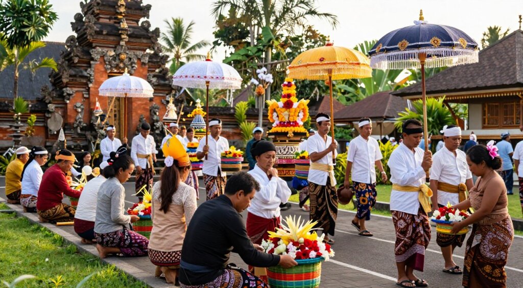 A vibrant Melasti purification ceremony in Bali, capturing the essence of preparations and a ritual procession. In the foreground, a group of elegantly dressed Balinese villagers, wearing traditional attire, meticulously arrange sacred offerings on colorful woven baskets. In the middle ground, a procession features men and women carrying ornate canang (offerings) and intricate umbrellas adorned with flowers, moving together with reverence. The background showcases Bali’s lush greenery and ancient temples, enveloped in a warm tropical glow of late afternoon sunlight. The atmosphere is filled with a sense of spiritual significance and communal harmony, inviting viewers to feel the deep cultural roots of the ceremony. The image should convey a sense of tranquility and devotion, taken from a slightly elevated angle with a focus on depth and vibrant colors.