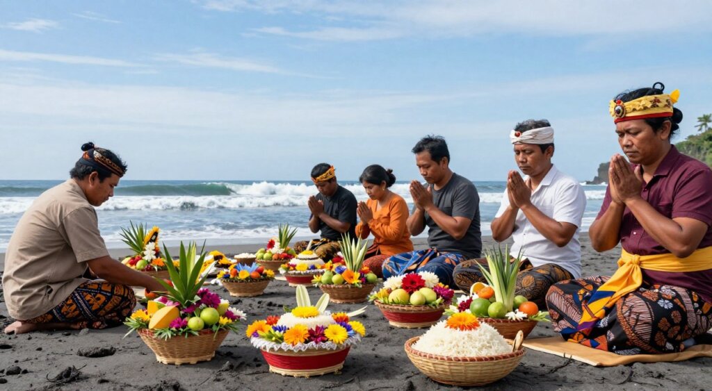 A vibrant Melasti purification ceremony on a Balinese beach, showcasing a group of individuals dressed in traditional, modest Balinese attire, engaging in ritualistic preparations. In the foreground, colorful offerings of flowers, fruits, and rice are placed meticulously on woven baskets. The middle ground features participants, both men and women, as they perform prayer and meditation, their faces serene and focused. The background reveals a stunning seascape with gentle waves lapping against the shore, under a clear blue sky. Soft, natural lighting bathes the scene, enhancing the colors of the traditional attire and decorations. Capture this moment from a low angle to emphasize the participants and the vibrant culture surrounding the ceremony, creating an atmosphere of reverence and harmony.