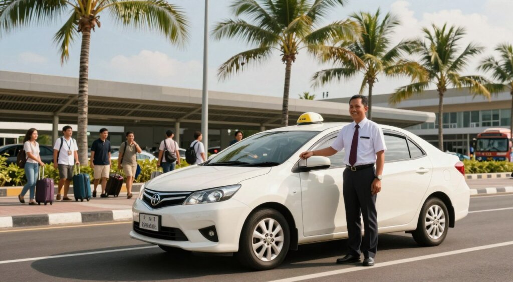A vibrant airport taxi scene in Bali, showcasing a sleek, well-maintained taxi ready to service travelers. In the foreground, a driver in professional attire stands beside the taxi, smiling and welcoming passengers. The middle ground features a busy airport terminal with travelers holding luggage, exuding excitement and anticipation. Surrounding palm trees and blue skies provide a tropical backdrop, enhancing the vacation atmosphere. Soft, warm lighting emphasizes a welcoming mood, resembling a bright sunny day. The image should be taken from a low angle to emphasize the professionalism of the taxi service and the lush Bali environment, conveying a sense of trust and reliability in meeting travel needs. No text or branding is included.