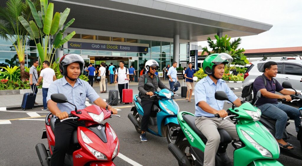 A vibrant and bustling Bali airport scene showcasing the rise of ride-hailing services like Grab and Gojek. In the foreground, smartly dressed drivers stand next to their colorful scooters and vehicles, with mobile apps open, ready to assist passengers. In the middle ground, diverse travelers with suitcases navigate through the airport terminal, illustrating a dynamic interaction between technology and transportation. The background features an impressive view of the airport's modern architecture, combined with lush tropical plants framing the entrance. Use bright, natural lighting to emphasize a lively atmosphere, capturing the energy and excitement of arriving in Bali. The shot is taken at eye level with a wide-angle lens to convey a sense of movement and engagement, embodying a seamless blend of tradition and innovation in Southeast Asia's travel industry.