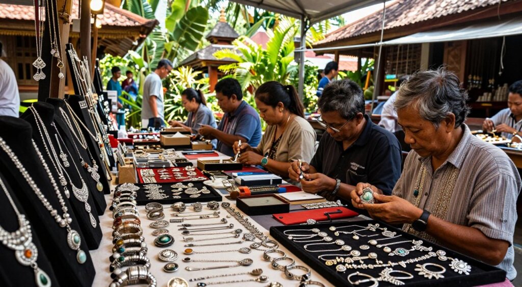 A vibrant and bustling Bali jewellery marketplace, filled with intricate handcrafted jewellery displays. In the foreground, a variety of authentic necklaces and bracelets, showcasing various materials like silver, semi-precious stones, and traditional Balinese designs. The middle layer features skilled artisans and vendors, dressed in modest casual clothing, engaging with customers and demonstrating their craft. The background reveals lush tropical greenery and traditional Balinese architecture, beautifully framing the scene. Natural sunlight filters through, creating soft shadows and highlighting the gleam of the jewellery. The atmosphere is alive with a warm, inviting ambiance, evoking a sense of cultural richness and the unique charm of Bali's artisanal heritage. Shot with a wide-angle lens to capture the entirety of the vibrant market scene.