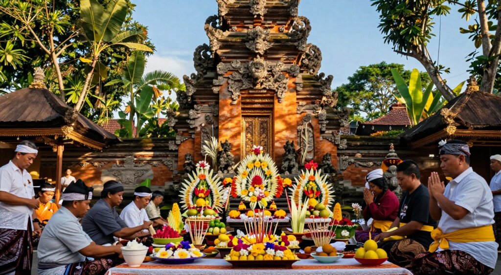 A vibrant and culturally rich scene depicting a Pagerwesi spiritual protection ceremony at a Balinese temple. In the foreground, intricately designed offerings adorned with vibrant flowers, fruits, and incense are laid out on a ceremonial table. Devotees, dressed in traditional Balinese attire, are engaged in rituals, their expressions reflecting deep reverence and concentration. The middle ground features the ornate temple entrance with detailed carvings, surrounded by lush tropical greenery and bathed in warm, golden sunlight filtering through trees. The background captures a clear blue sky, enhancing the serene atmosphere. The image is shot from a slightly elevated angle, with soft focus on the offerings, creating a professional photojournalism style reminiscent of National Geographic quality, evoking a sense of spiritual tranquility and cultural celebration.