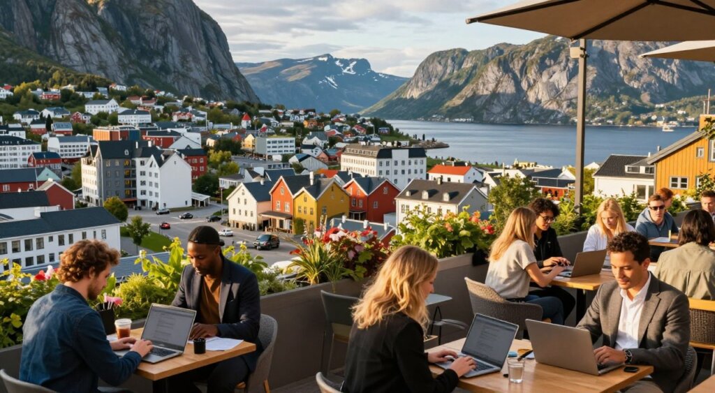 A vibrant and dynamic cityscape of Norway showcasing the best cities for digital nomads. In the foreground, a diverse group of professionals, dressed in smart casual attire, are working on laptops at an outdoor café with scenic views. The middle ground features colorful modern buildings, co-working spaces, and lush greenery, reflecting a friendly atmosphere conducive to collaboration. In the background, majestic mountains and the iconic fjords provide a breathtaking natural backdrop. The image is illuminated by warm, golden hour lighting, creating a welcoming, productive ambiance. The scene is captured with a wide-angle lens, focusing on the interactivity between people and the environment, evoking a sense of adventure and opportunity for remote workers in Norway.