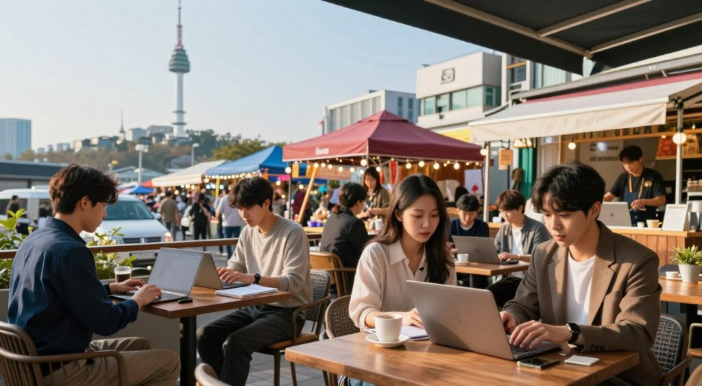 A vibrant and dynamic scene capturing popular regions for digital nomads in South Korea. In the foreground, a diverse group of young professionals, dressed in smart casual attire, are engaged in work on laptops at a trendy café terrace, with coffee cups and notebooks scattered around. The middle ground features colorful street markets with local vendors and digital nomads interacting, illustrating a blend of culture and work life. In the background, iconic landmarks like the N Seoul Tower and modern skyscrapers can be seen against a clear blue sky, symbolizing innovation. The lighting is warm and inviting, reminiscent of a sunny afternoon, enhancing the atmosphere of productivity and cultural immersion, with a shallow depth of field to focus on the people in the café.