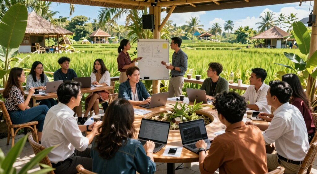A vibrant and dynamic scene depicting the benefits of joining digital nomad community groups in Bali. In the foreground, a diverse group of professionals, dressed in smart casual attire, engage in lively discussion while seated around a tropical co-working space adorned with lush greenery and sunlight filtering through bamboo structures. The middle layer showcases community activities such as a group workshop session with laptops open, collaborative brainstorming on a whiteboard, and individuals networking over coffee, all set against an inviting open-air environment. In the background, the stunning rice paddies of Bali stretch under a clear blue sky, emphasizing a blend of work and lifestyle. The atmosphere is warm, inviting, and energetic, shot with a wide-angle lens to capture the vibrancy of a community coming together, showcasing a balance between productivity and a rich cultural experience.