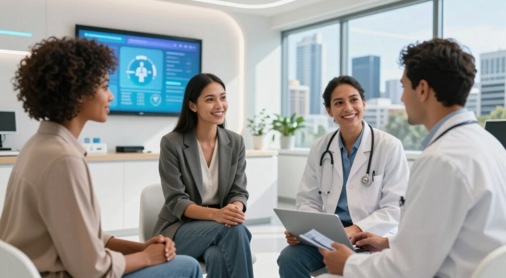 A vibrant and dynamic scene showcasing digital nomads accessing healthcare in Australia. In the foreground, a diverse group of three professional individuals, wearing business casual clothing, consult with a friendly healthcare practitioner in a modern clinic. The middle ground features a clean, well-lit medical office with futuristic design elements, including digital screens displaying health information. In the background, large windows reveal a sunny Australian skyline, hinting at urban landscapes. The lighting is bright and inviting, creating an atmosphere of professionalism and warmth. Capture the essence of accessibility and health care innovation, emphasizing inclusivity and support for the digital nomad lifestyle. The composition should feel immersive and engage the viewer in this uniquely Australian healthcare experience.