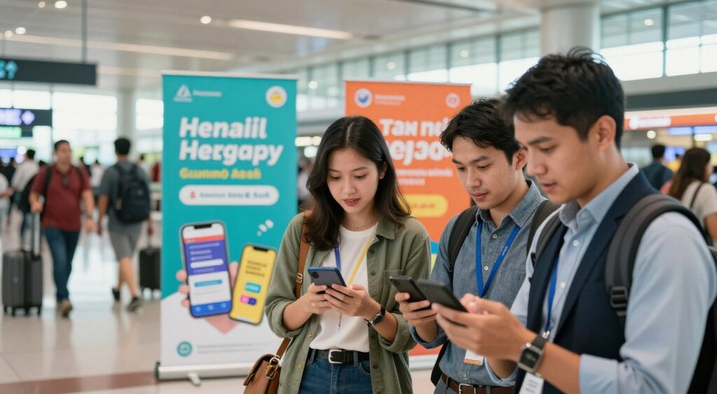 A vibrant and engaging scene at Bali Airport featuring a diverse group of travelers interacting with their smartphones, browsing promo codes and loyalty benefits for ride-hailing apps. In the foreground, two travelers—one wearing smart casual attire and the other in business casual—are focused on their devices, displaying excitement and curiosity. The middle ground shows colorful banners or advertisements promoting various ride-hailing apps. In the background, the bustling airport environment with modern architecture and travelers passing by enhances the atmosphere. Soft, natural lighting streams in through large windows, creating a warm and inviting mood. The composition captures the essence of maximizing promotions and loyalty benefits, emphasizing a sense of adventure and smart travel choices.