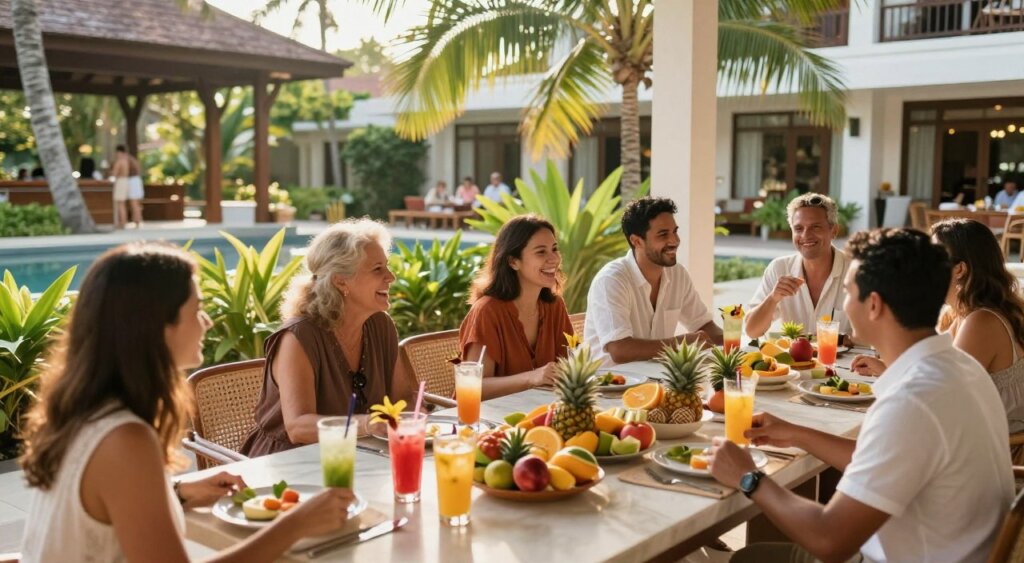 A vibrant and engaging scene showcasing the guest experiences at Amnaya Resort Kuta. In the foreground, a beautifully arranged table with tropical drinks and fresh fruits symbolizing relaxation and leisure. In the middle, diverse guests in modest casual clothing are interacting and enjoying their time, laughing and sharing stories, capturing the essence of community and satisfaction. The background features the resort's lush greenery and elegant architecture, with gentle sunlight filtering through palm leaves, creating a warm and inviting atmosphere. The image should adopt a slightly elevated angle, as if capturing a moment from above, reflecting a professional photojournalism style. The overall mood is cheerful and serene, conveying positive feedback and an idyllic vacation experience. A vibrant and engaging scene showcasing the guest experiences at Amnaya Resort Kuta. In the foreground, a beautifully arranged table with tropical drinks and fresh fruits symbolizing relaxation and leisure. In the middle, diverse guests in modest casual clothing are interacting and enjoying their time, laughing and sharing stories, capturing the essence of community and satisfaction. The background features the resort's lush greenery and elegant architecture, with gentle sunlight filtering through palm leaves, creating a warm and inviting atmosphere. The image should adopt a slightly elevated angle, as if capturing a moment from above, reflecting a professional photojournalism style. The overall mood is cheerful and serene, conveying positive feedback and an idyllic vacation experience.