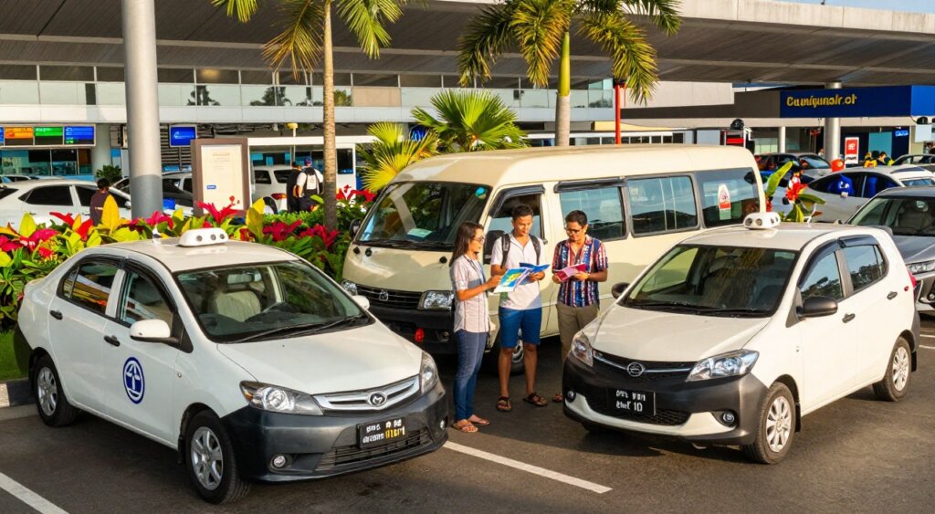 A vibrant and informative scene illustrating various transport options available at Bali Airport. In the foreground, a spacious taxi with a clear logo, a comfortable shuttle bus, and a stylish ride-sharing car are parked side by side, showcasing their features. In the middle ground, travelers, dressed in casual beach attire, are engaging with drivers and looking at transport brochures. The background reveals the bustling airport terminal with palm trees and exotic flowers, illuminated by warm, natural light of a sunny day. Use a wide-angle lens to capture the lively atmosphere and ensure sharp details in every transport option. Emphasize a friendly, approachable mood that highlights the convenience and variety of airport transfer choices.
