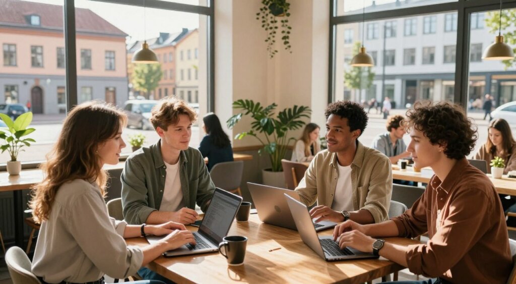 A vibrant and inspiring image depicting the benefits of Estonia's Digital Nomad Visa. In the foreground, a diverse group of three professionals, dressed in smart, casual attire, are engaged in conversation over laptops in a cozy, sunlit café. The middle ground features an inviting workspace filled with modern décor, plants, and tech gadgets, symbolizing productivity and creativity. In the background, large windows reveal the scenic mix of Estonia's historic architecture and contemporary urban design, with people enjoying the outdoors. The lighting is warm and natural, casting soft shadows and creating an inviting atmosphere. The angle is slightly elevated, capturing the interaction among the professionals and the stimulating environment, reflecting a sense of community and opportunity for digital nomads.