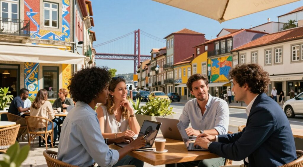 A vibrant and inviting scene showcasing the best cities in Portugal ideal for digital nomads. In the foreground, a diverse group of three professionals, dressed in smart casual attire, are engaged in discussion at a modern outdoor café, with laptops and coffee cups on a wooden table. In the middle ground, picturesque streets lined with historic buildings, vibrant murals, and greenery reflect the charm of Lisbon, Porto, and Faro, giving a sense of location. In the background, iconic landmarks such as the Ponte 25 de Abril bridge and the colorful facades of Ribeira can be seen under a bright blue sky, with warm golden sunlight casting soft shadows. The atmosphere is lively, optimistic, and creative, embodying the essence of a thriving digital nomad lifestyle.