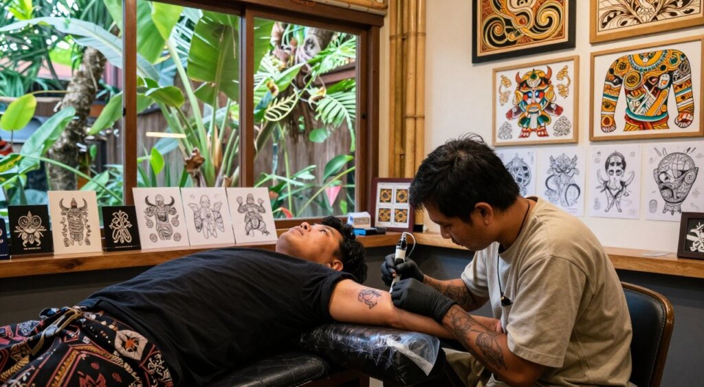 A vibrant and inviting tattoo parlor in Bali, showcasing intricate traditional designs and cultural symbols. In the foreground, a skilled tattoo artist, dressed in modest casual clothing, is meticulously working on a customer's arm, highlighting the artistry and dedication involved. The middle section features colorful tattoo sketches displayed on the walls, illustrating the rich Balinese tattoo culture. In the background, lush tropical plants peek through large windows, allowing soft natural light to filter in, creating a warm and welcoming atmosphere. The space is designed with bamboo accents and Balinese art, emphasizing the cultural significance of tattoos in the region. The overall mood is respectful and serene, reflecting the importance of cultural etiquette in the tattooing experience.