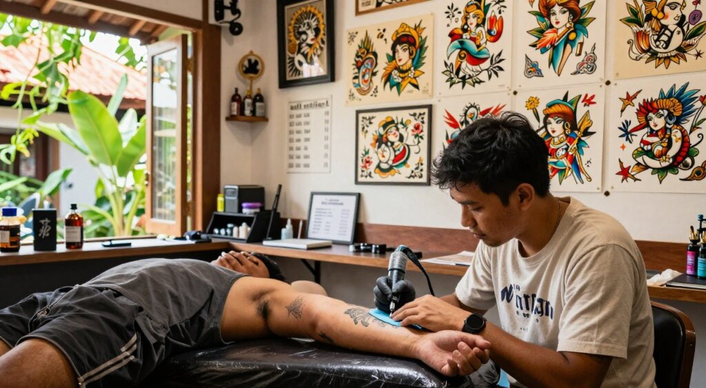 A vibrant and inviting tattoo studio in Bali, showcasing an array of colorful tattoo designs on display. In the foreground, a skilled tattoo artist wearing a neat shirt is carefully working on a client with a relaxed expression, both dressed in comfortable casual clothing. The middle layer features an eclectic mix of tattoo flash on the walls, emphasizing the studio’s special offers, with artfully arranged pricing information subtly integrated into the decor. The background captures a glimpse of Bali’s lush greenery through an open window, with sunlight streaming in, creating a warm, welcoming atmosphere. The lighting is soft and natural, enhancing the inviting feel, while the angle focuses on the interaction between the client and artist, highlighting professionalism and creativity.