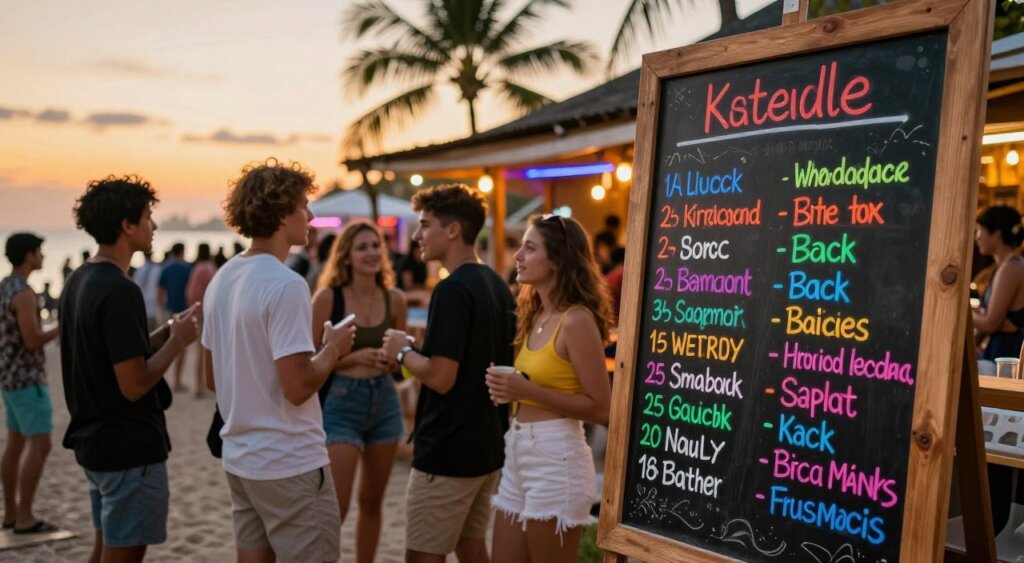 A vibrant and lively scene depicting a Kuta bands schedule displayed on a rustic wooden board, set against a bustling street backdrop. In the foreground, focus on the details of the schedule with neon-colored markers pointing at highlighted events, showcasing local bands and live music dates. The middle ground features a diverse group of casually dressed young adults, engaging in conversation and pointing at the schedule, embodying the excitement of discovering live music. In the background, soft focus on illuminated beach bars and palm trees swaying under a sunset sky, casting a warm golden glow over the scene. The atmosphere is inviting and energetic, capturing the essence of Kuta's vibrant nightlife and music culture. Use natural lighting to enhance the lively mood, with a slight depth of field to draw attention to the schedule.