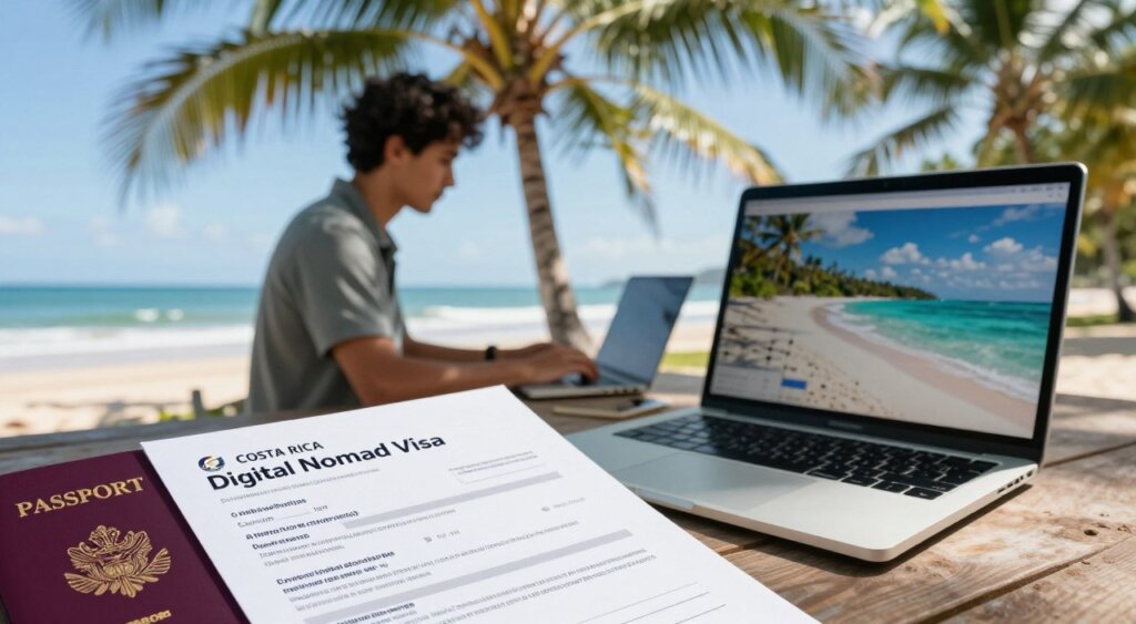 A vibrant and professional photo showcasing a Costa Rica Digital Nomad Visa application in a serene, tropical setting. In the foreground, a well-organized passport with a document containing the visa details, alongside a laptop displaying a beautiful beach scene. In the middle ground, a blurred view of a young professional in modest casual clothing, working on their laptop under a palm tree, with a focused expression. The background features a clear blue sky and gentle waves lapping against the sandy shores of Costa Rica, creating a sense of tranquility and opportunity. Natural sunlight filters through the trees, casting soft shadows, enhancing the inviting atmosphere. The angle is slightly elevated to capture the beauty of this idyllic workspace perfect for freelancers.