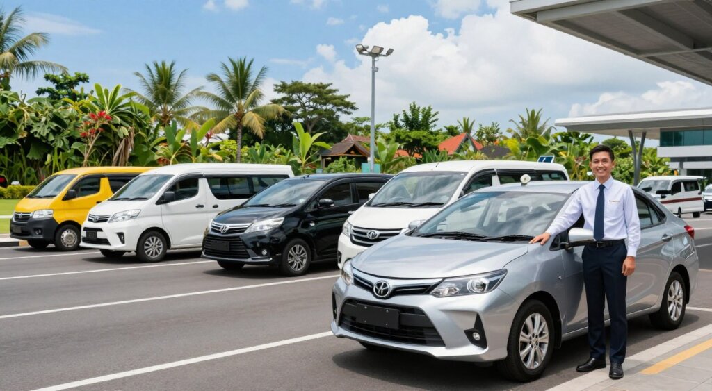 A vibrant and professional scene displaying a variety of complementary transport services at an airport in Bali. In the foreground, a sleek, modern taxi stands beside an airport terminal, with a friendly driver, dressed in professional attire, waiting to assist passengers. In the middle ground, options like shuttles and private vehicles are visible, showcasing their unique designs and colors, creating a sense of diversity in transport choices. The background features lush tropical greenery typical of Bali, with clear blue skies and a few fluffy clouds. The composition should be captured in bright, natural lighting, resembling photojournalism style, with a focus on clarity and detail, conveying a welcoming and professional atmosphere for travelers.