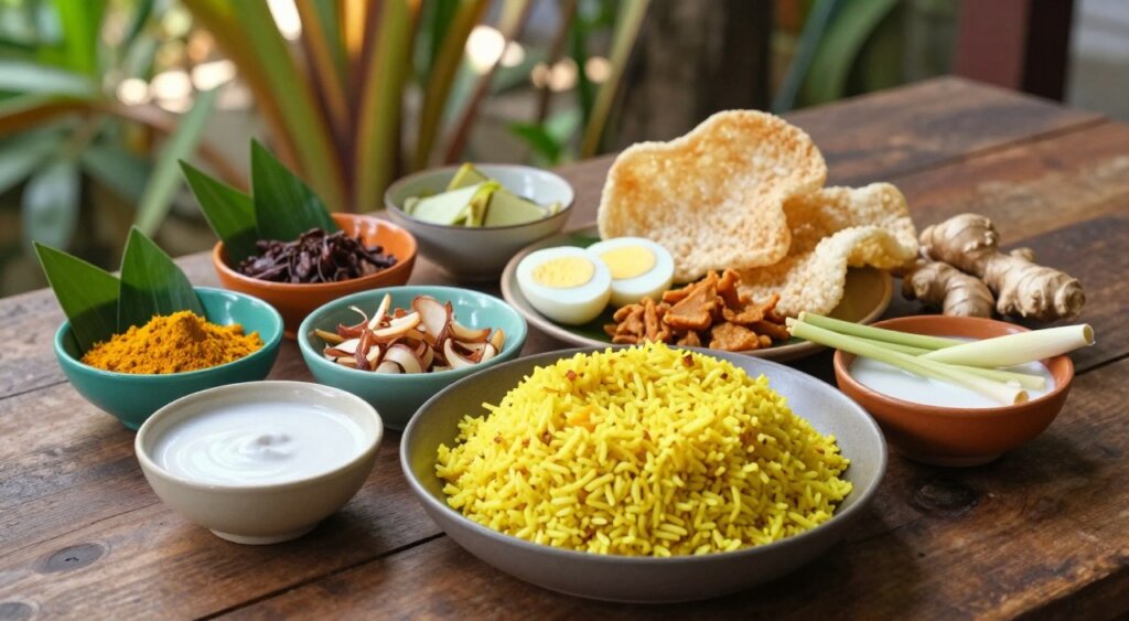 A vibrant arrangement of nasi kuning ingredients laid out on a rustic wooden table, capturing the essence of Indonesian culinary tradition. In the foreground, a bowl of bright yellow rice, fluffy and aromatic, is surrounded by small, colorful dishes filled with turmeric, coconut milk, pandan leaves, ginger, and lemongrass. In the middle, slices of hard-boiled eggs, fried shallots, and crispy tempeh add texture and rich contrast. The background features softly blurred tropical foliage, hinting at an outdoor setting, with warm, natural sunlight filtering through, creating a cozy ambiance. The image should evoke a sense of cultural heritage and earthy flavors, highlighting the deliciousness and vibrancy of the ingredients essential for nasi kuning. Capture this scene using a slightly elevated angle to emphasize the colorful layout and textures.