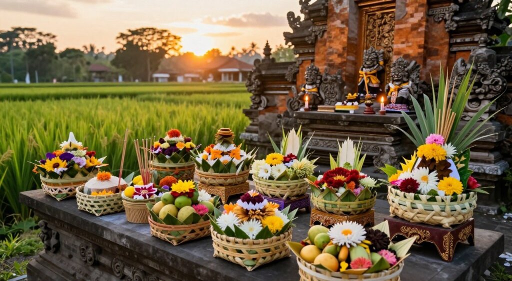 A vibrant array of traditional Balinese offerings displayed on a stone altar, with coconut leaves intricately woven into beautifully crafted baskets. The foreground features colorful flowers, fruits, and incense sticks, symbolizing respect and gratitude to the deities. In the middle ground, the ceremonial setting includes a serene Balinese temple with ornate carvings, where softly glowing candles are placed beside the offerings. The background showcases lush green rice paddies under a golden sunset, casting warm light over the scene. Use a wide-angle lens to capture the depth and detail, with a focus on the offerings, enhancing the rich textures and colors. The mood is tranquil and reverent, reflecting the sacred nature of the rituals.