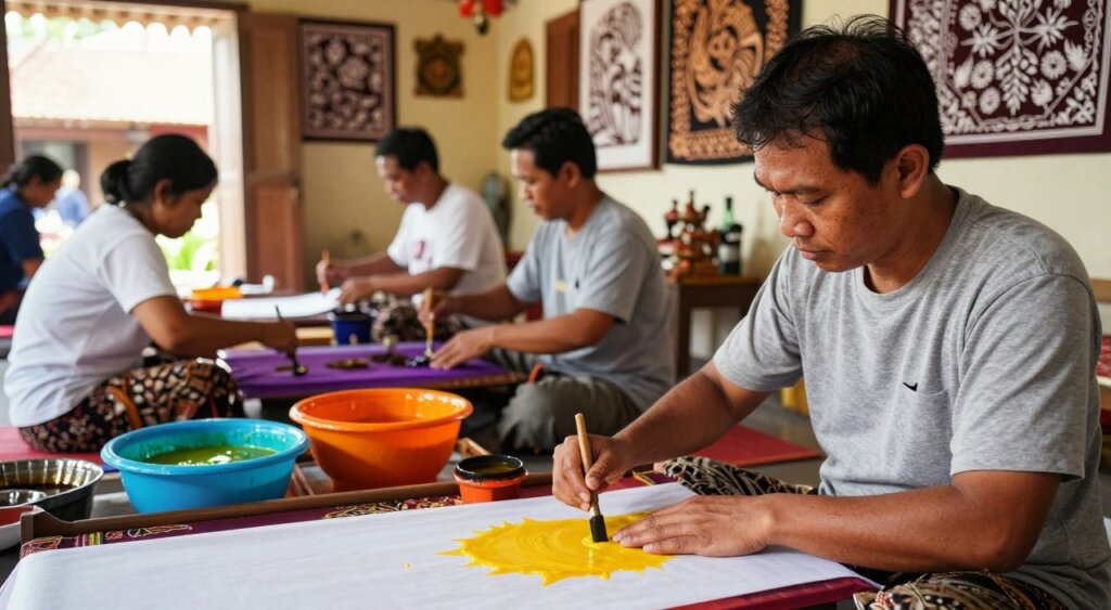 A vibrant batik workshop scene in Kuta, showcasing artisans in modest casual clothing engaged in the traditional process of dyeing fabric. In the foreground, a skilled artisan carefully applies hot wax to a piece of fabric with a canting tool, focused and precise. In the middle ground, other participants are seen dyeing their fabrics in rich, colorful vats, surrounded by various batik designs displayed on walls, with a sense of creativity in the air. The background features a warm, sunlit room, adorned with traditional Balinese decor and tools used in the batik-making process. Soft, natural lighting streams in through open windows, creating a welcoming and lively atmosphere. The composition is captured with a shallow depth of field, emphasizing the craftsmanship and cultural essence of batik.