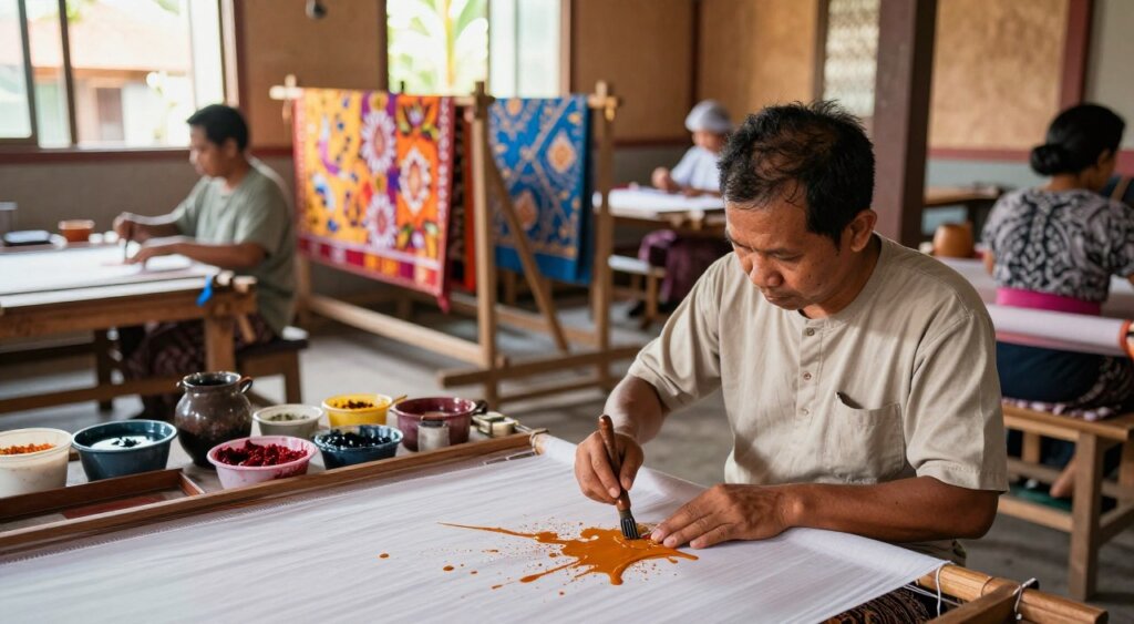 A vibrant batik workshop scene in Kuta, showcasing skilled artisans engaged in the intricate process of fabric dyeing. In the foreground, a focused artisan wearing modest casual clothing meticulously applies wax to a piece of cloth using a canting tool. The middle ground features colorful batik fabrics draped on wooden drying racks and tables scattered with dye materials. In the background, warm sunlight filters through large windows, illuminating the workshop’s earthy tones and highlighting the lively atmosphere. The composition is shot from a slightly elevated angle to capture both the details of the craft and the sense of community among the artisans. The mood is creative and inviting, showcasing the rich cultural heritage of Bali.