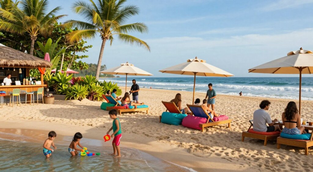 A vibrant beach club in Bali, designed for families, featuring colorful lounge chairs and umbrellas on golden sands. In the foreground, children play with beach toys near the shallow water, while parents relax on comfy sunbeds, enjoying refreshments from a nearby bar. The middle ground shows friendly staff serving drinks and snacks, surrounded by lush tropical plants and palm trees. In the background, a stunning view of the ocean with gentle waves and a clear blue sky. The lighting is warm and inviting, capturing the essence of a sunny day. The scene is shot with a wide-angle lens to encompass the lively atmosphere, creating a cheerful and welcoming mood perfect for families.