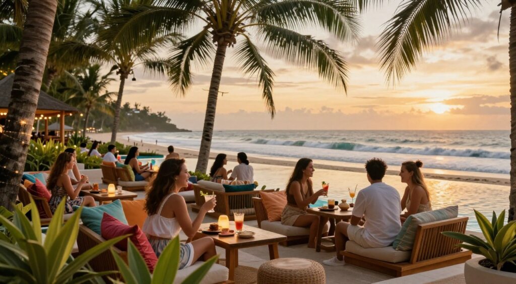 A vibrant beach club scene in Bali during sunset, showcasing a luxurious outdoor lounge filled with stylish wooden furniture and colorful cushions, surrounded by lush tropical plants. In the foreground, people clad in modest summer attire are enjoying cocktails and snacks, laughing and socializing at tables. The middle ground features a sparkling infinity pool with palm trees framing the view. In the background, the serene beach meets the ocean, where gentle waves lap at the shore under a golden sky. Soft, warm lighting enhances the inviting atmosphere, with a bokeh effect on distant lights. The shot is taken from a low angle, emphasizing the ambiance and the beauty of the Bali landscape, creating a dreamy, relaxed vibe that captures the allure of Bali's beach club scene.