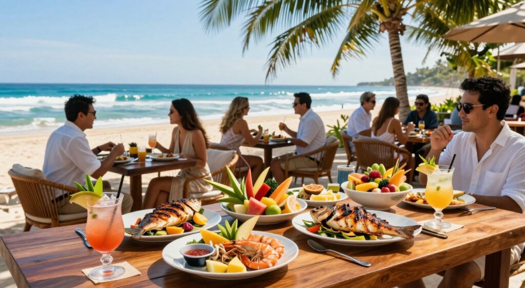 A vibrant beach club scene in Bali featuring an exquisite seafood spread, including grilled fish, prawns, and colorful tropical fruits arranged elegantly on a wooden table. In the foreground, luxury cocktails with fresh garnishes are served in stylish glassware. The middle section showcases well-dressed patrons enjoying their meals, engaging in light-hearted conversations while dressed in smart casual attire. The background reveals a stunning beach with turquoise waves gently lapping against the shore, framed by lush palm trees under a clear blue sky. The warm sunlight casts a soft glow, enhancing the inviting atmosphere. Capture a sense of joy and relaxation, reminiscent of a perfect day at a tropical paradise. Use a wide-angle lens to encompass the lively environment, ensuring a high-resolution, photojournalistic quality reminiscent of National Geographic.