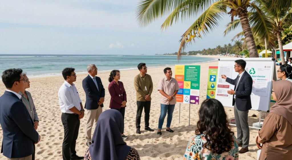 A vibrant beach scene in Kuta during a sunny day, showcasing a diverse group of individuals, including men and women in professional business attire and modest casual clothing, engaging in a waste management education workshop. In the foreground, a group of engaged participants is listening attentively to a knowledgeable instructor, who is pointing at educational materials about recycling and waste management on a flip chart. The middle ground features colorful posters on the beach that emphasize sustainable practices. The background showcases Kuta’s iconic beach with clear blue water and palm trees swaying gently in the breeze. Use natural lighting to create a warm and inviting atmosphere, highlighting the enthusiasm for community education. The shot should be taken at eye level to foster a direct connection with the subjects.