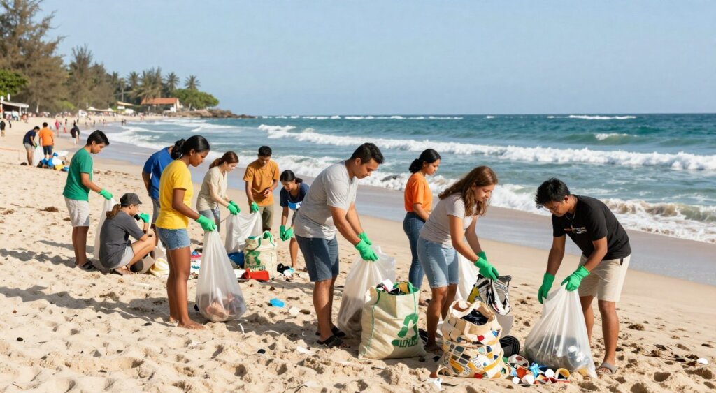 A vibrant beach scene in Kuta showcasing local organizations actively participating in a beach clean-up. In the foreground, diverse volunteers of both genders, dressed in modest casual clothing and wearing eco-friendly gloves, gather trash and debris, creating a sense of community and collaboration. The middle ground features a variety of recyclable materials and eco-bags filled with collected waste, highlighting sustainable solutions. In the background, the picturesque Kuta coastline with soft waves gently lapping at the shore under a bright blue sky, emphasizing the beauty of the area. The scene is bathed in warm, natural sunlight, casting soft shadows to enhance depth, evoking a hopeful and positive atmosphere for environmental action.