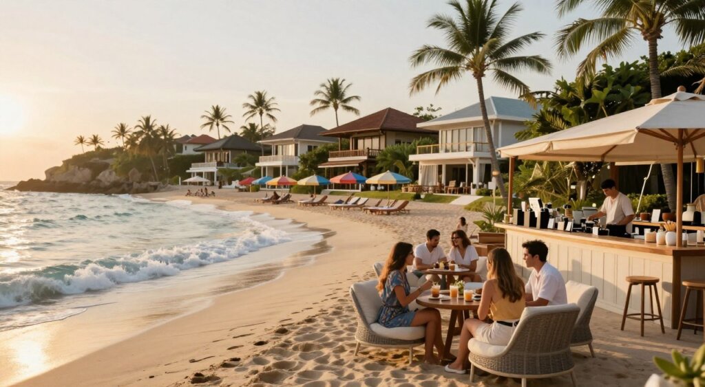 A vibrant beach scene in Seminyak, showcasing an upscale yet laid-back atmosphere. In the foreground, a chic café with modern lounge chairs, people enjoying drinks in stylish, modest casual clothing, and a barista serving coffee with a smile. The middle ground features gentle waves lapping at the shore, and scattered beachgoers lounging under colorful umbrellas. The background showcases luxurious beachfront villas and palm trees swaying in the light breeze. Soft, golden sunset lighting casts a warm glow over the scene, enhancing the tranquil mood. Use a wide-angle lens to capture a sense of openness, focusing on the reflections in the water and the inviting ambiance of this sophisticated beach destination.
