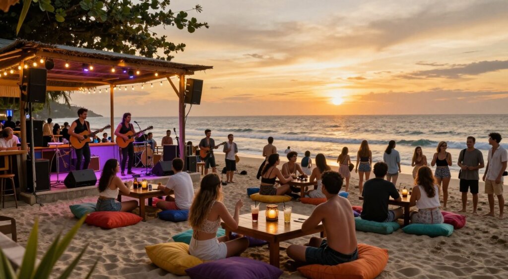 A vibrant beachfront bar in Kuta, bustling with energy, featuring a sleek outdoor stage set for live music performances. In the foreground, a cozy arrangement of wooden tables and colorful cushions where relaxed guests enjoy drinks. The middle ground showcases musicians passionately playing guitar and drums, engaged with an enthusiastic audience, all dressed in casual beach attire. The background reveals a stunning sunset over the ocean, casting golden hues across the sky and reflecting on the waves. Soft string lights illuminate the bar area, enhancing the festive atmosphere. The image captures the joyful ambiance of Kuta’s live music scene, evoking a sense of tranquility and celebration. Photographed with a wide-angle lens to emphasize the lively atmosphere, the image embodies the essence of a perfect evening by the beach.