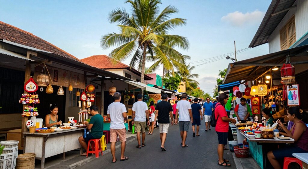A vibrant budget-friendly street scene in Kuta, bustling with activity. In the foreground, colorful warungs with wooden stalls offer local street food and handcrafted souvenirs, showcasing a mix of traditional Balinese decor and modern flair. In the middle ground, diverse travelers in modest casual clothing explore the shops, engaging with friendly vendors. The background features palm trees swaying gently in the warm breeze, with a clear blue sky illuminating the scene in soft, natural light. The angle captures a slight upward view, emphasizing the joyful atmosphere of this budget traveler’s paradise. The mood is lively and inviting, reflecting the essence of Kuta as an affordable tropical destination.