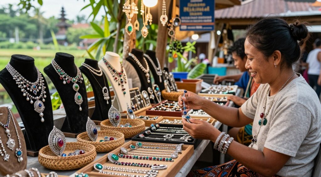 A vibrant, bustling Bali jewelry market scene, focusing on artisanal jewelry displays adorned with intricately crafted silver and colorful gemstones. In the foreground, a friendly Balinese artisan showcases handmade necklaces and bracelets, wearing modest casual clothing. The middle ground features an array of stunning jewelry pieces beautifully arranged on woven baskets and wooden tables, with natural lighting highlighting their sparkle. The background captures the lush greenery of Bali's landscape, with hints of traditional Balinese architecture and destination signs, creating an inviting and exotic atmosphere. Soft sunlight filters through the leaves, enhancing the warm, inviting tones, and evoking a sense of wonder and discovery in this jewelry shopping experience.