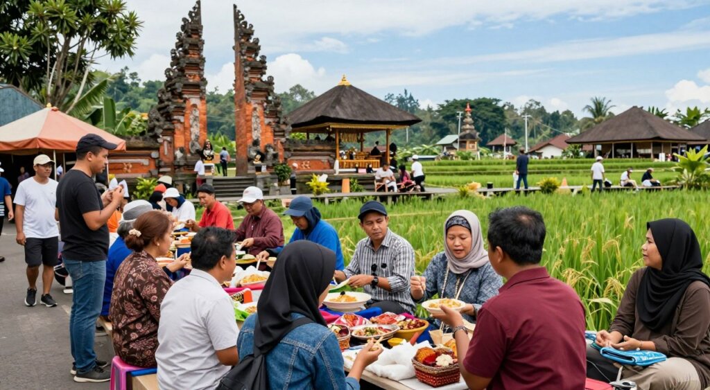 A vibrant, bustling Indonesian tourist scene, showcasing the impact of immigration amnesty programs on tourism. In the foreground, a diverse group of travelers, dressed in modest casual clothing, are engaging with local vendors selling handcrafted goods and street food, exuding joy and connection. The middle ground features iconic Indonesian landmarks, like a temple and lush rice terraces, hinting at cultural richness. In the background, clear blue skies and traditional Balinese architecture complete the picturesque setting. Soft, natural lighting bathes the scene, creating a warm atmosphere. Capture this moment using a wide-angle lens to emphasize the interactions and landscape, reflecting the harmonious blend of cultures and the positive effect of amnesty on tourism growth.